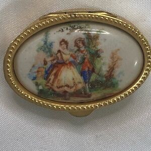 Vintage Italian Gold Tone Oval Trinket Pill Box Romantic Print, Stamped Italy